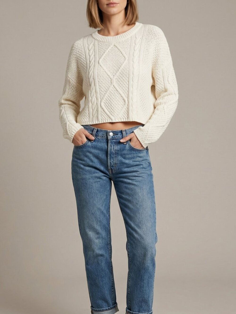 Ivory Cream Cable Knit Cropped Crewneck Sweater Size Medium - Picture 1 of 7